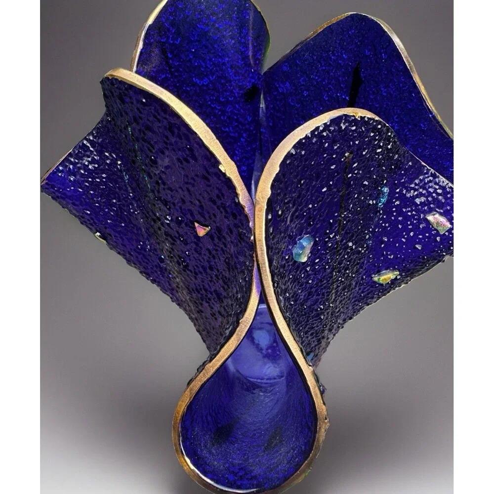 Vintage Nason Murano Fazzoletto Handkerchief Vase Cobalt Gold Aventurine 7x9”